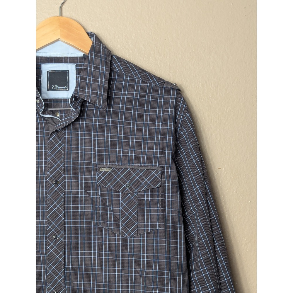 7 Diamonds Button Down Shirt Mens XXL Black Blue Heart Breaker Grid Long Sleeve - Picture 9 of 15
